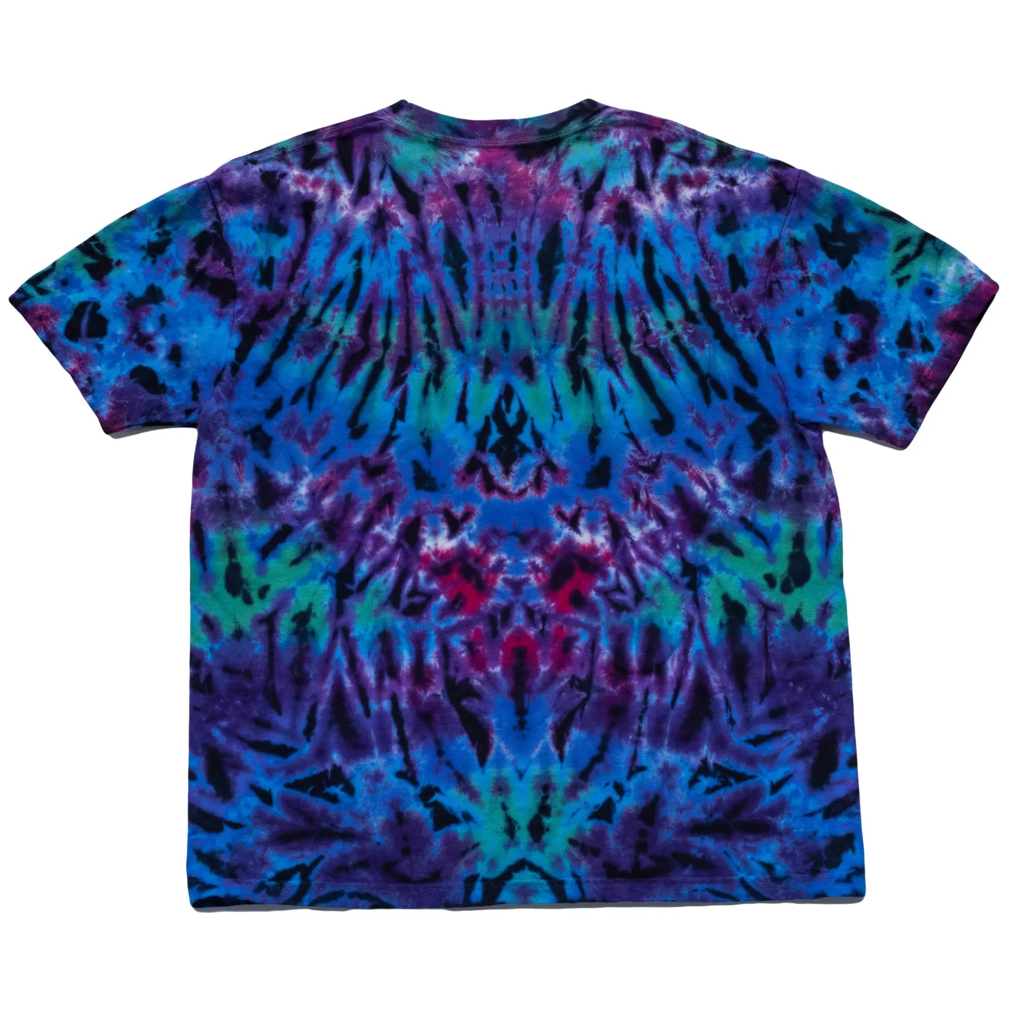 Back view of a custom tie-dye t-shirt by Regular Magic featuring vibrant blue, purple, teal, and magenta crystalline patterns.