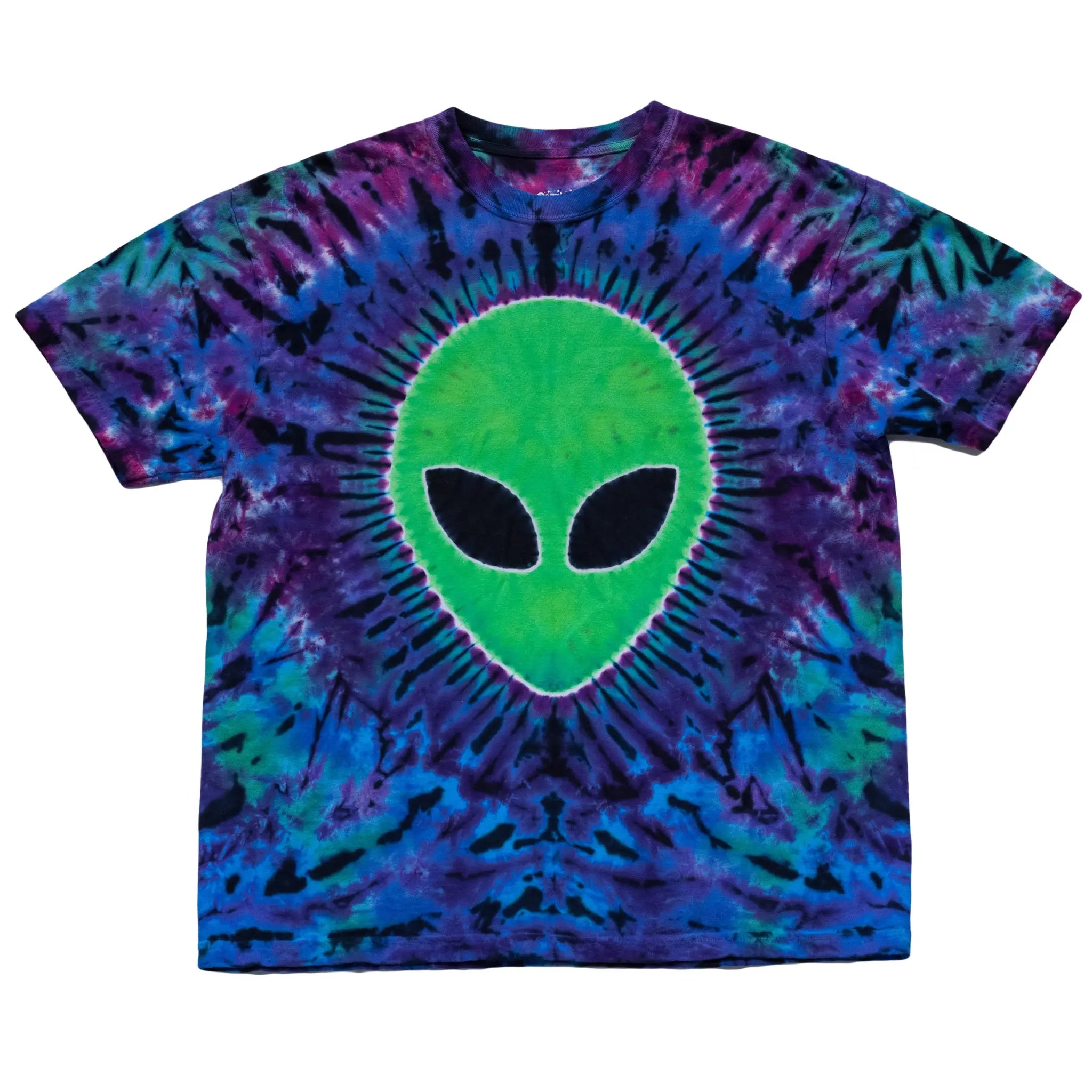 Front view of a custom tie-dye t-shirt by Regular Magic featuring a bright neon green alien head center graphic surrounded by vibrant blue and purple galaxy dye patterns.