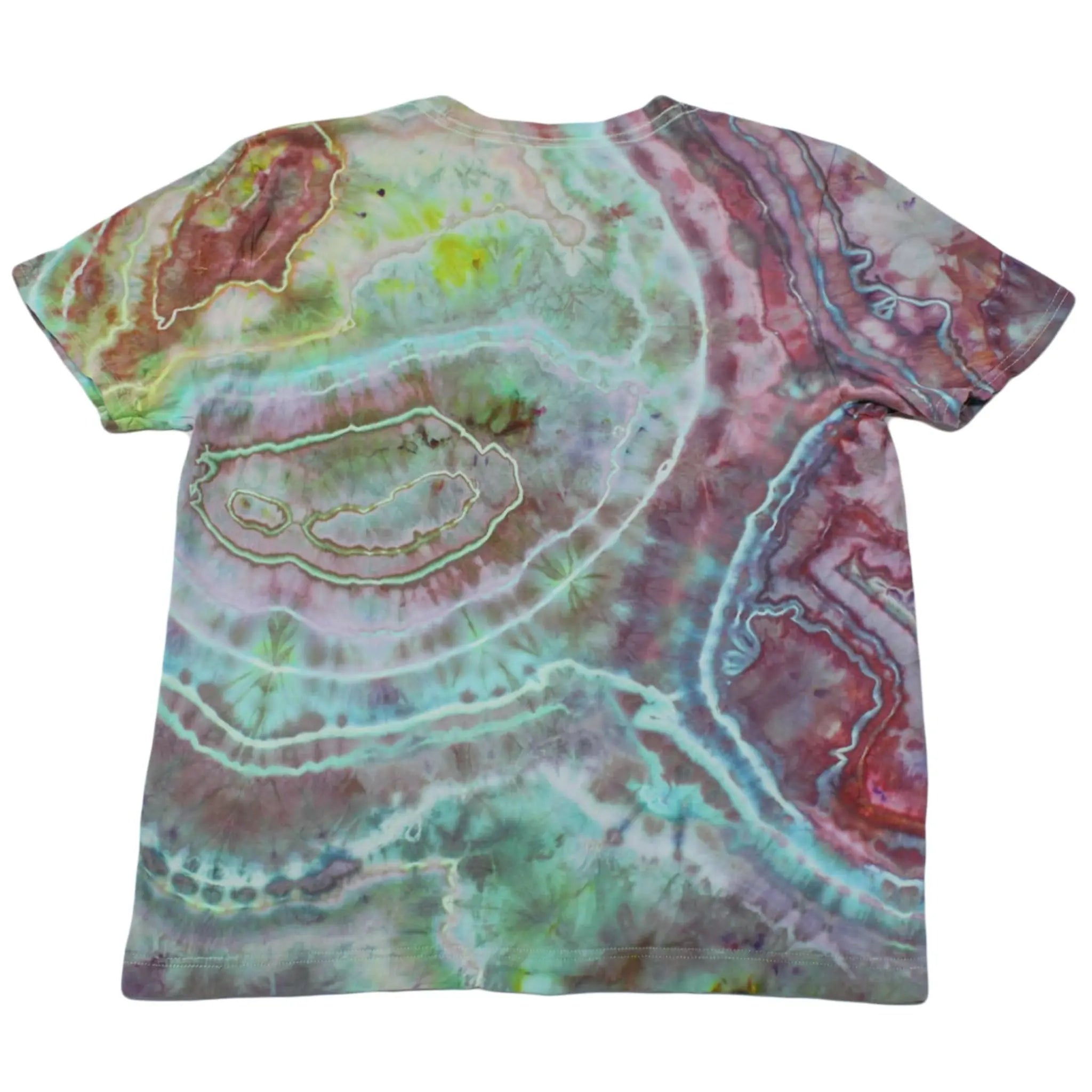 Back view of a berry red, seafoam, and soft lavender Chaos Magic geode tie-dye t-shirt by Regular Magic showing organic concentric line patterns.