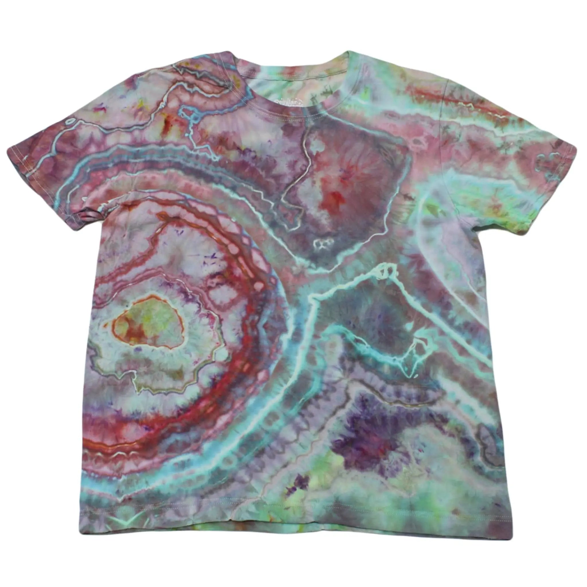 Front view of a berry red, seafoam, and soft lavender Chaos Magic geode tie-dye t-shirt by Regular Magic featuring custom geode dye ring patterns across the body.