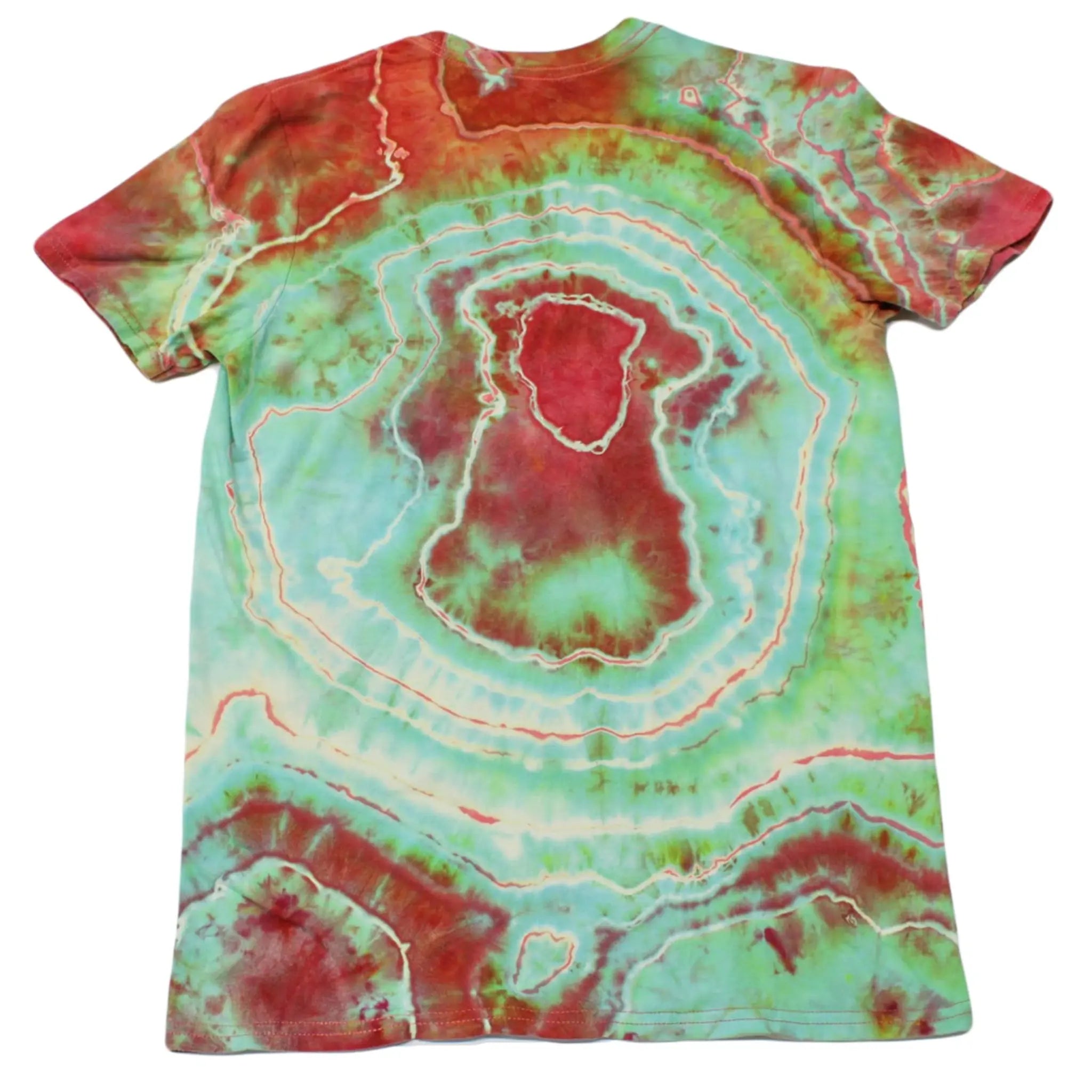Back view of a coral red, mint green, and sky blue Chaos Magic geode tie-dye t-shirt by Regular Magic showing a large central geode dye pattern.