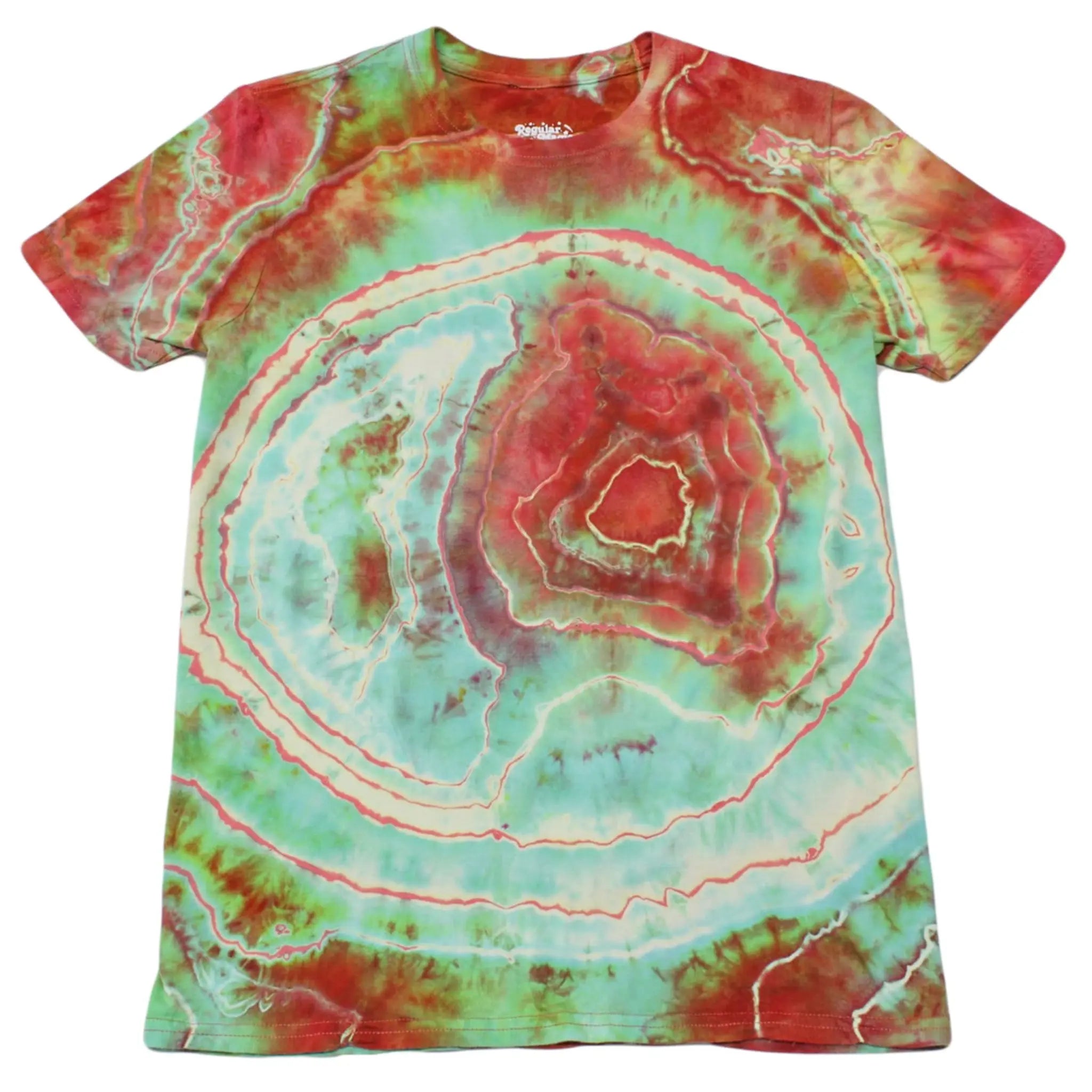 Front view of a coral red, mint green, and sky blue Chaos Magic geode tie-dye t-shirt by Regular Magic featuring custom concentric dye rings across the chest.