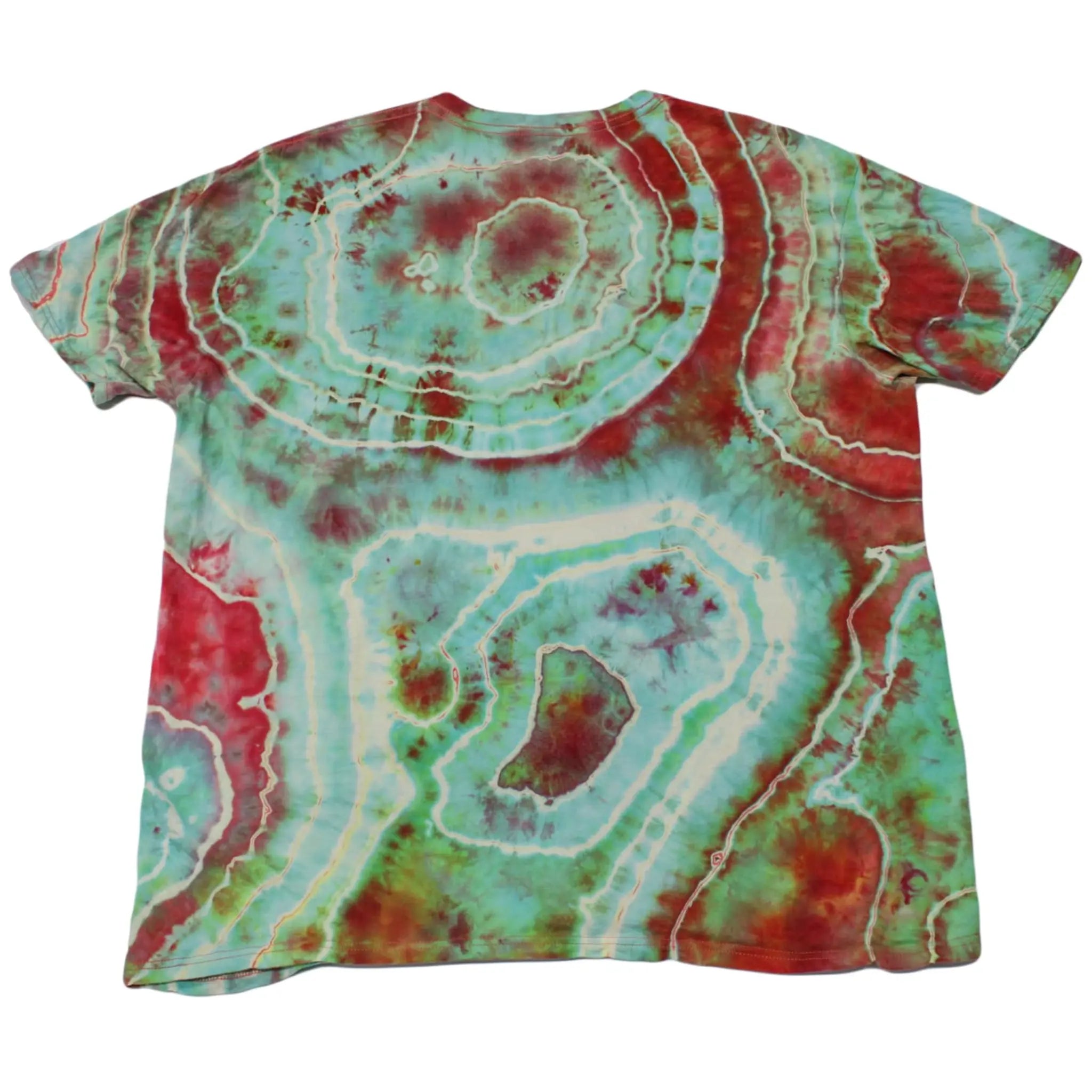 Back view of a crimson red, aqua blue, and mint green Chaos Magic geode tie-dye t-shirt by Regular Magic showing large concentric dye rings.