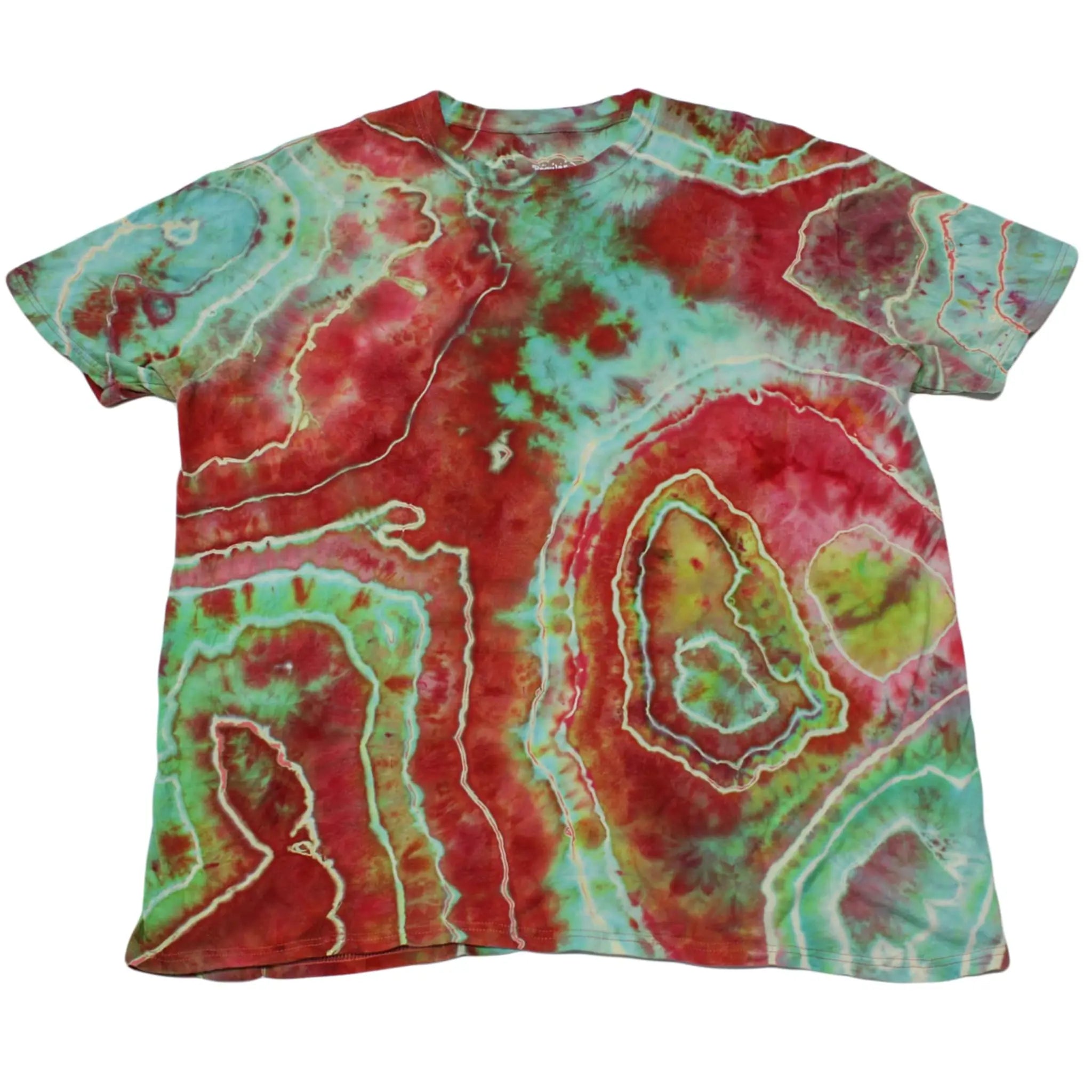 Front view of a crimson red, aqua blue, and mint green Chaos Magic geode tie-dye t-shirt by Regular Magic featuring custom organic geode dye ring patterns across the chest and hem.