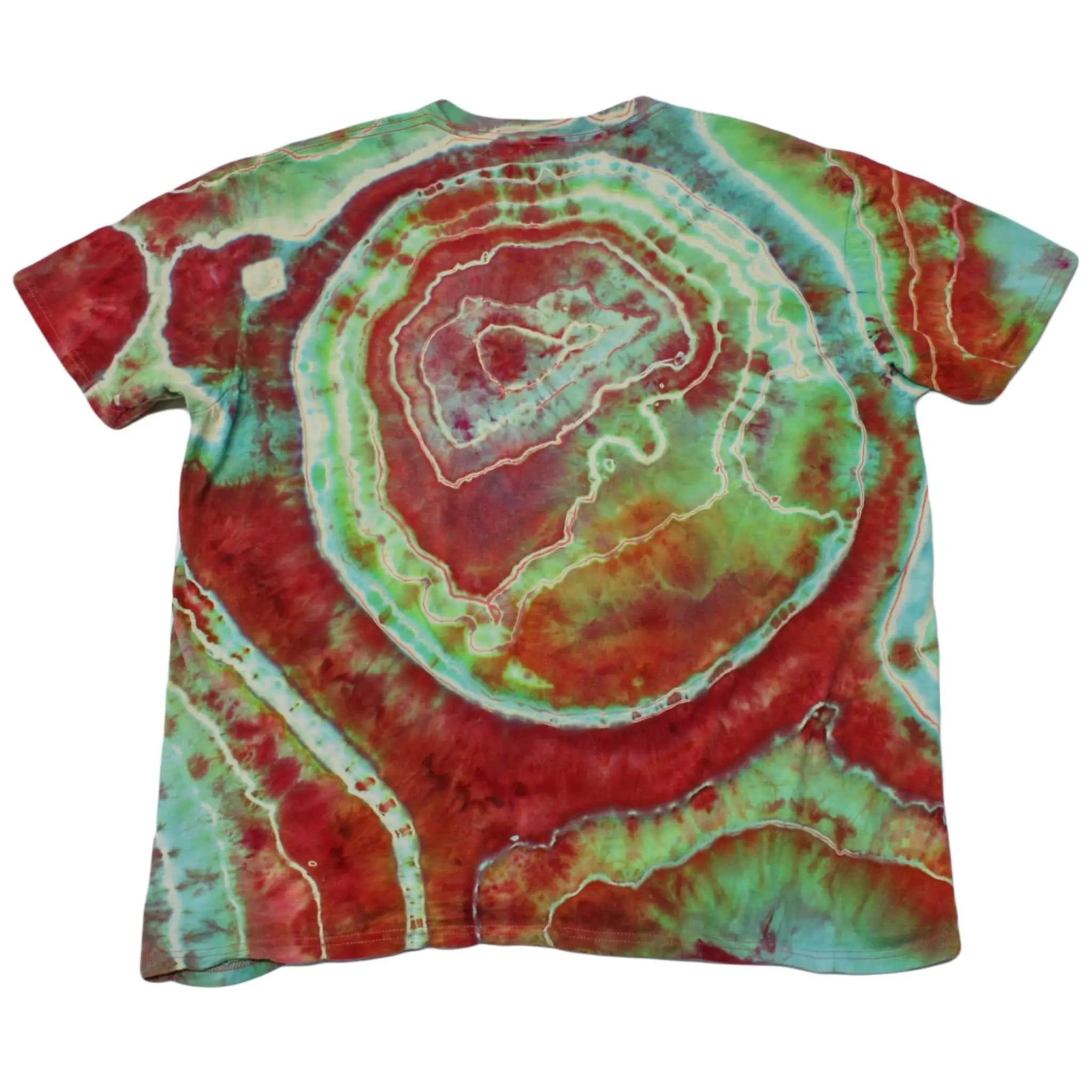Back view of a crimson red, seafoam, and turquoise Chaos Magic geode tie-dye t-shirt by Regular Magic showing large concentric organic dye rings.
