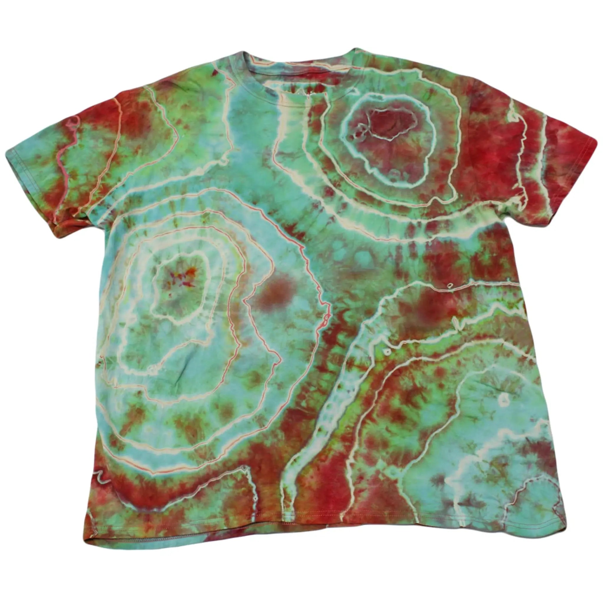 Front view of a crimson red, seafoam, and turquoise Chaos Magic geode tie-dye t-shirt by Regular Magic with custom geode dye ring patterns across the chest and hem.