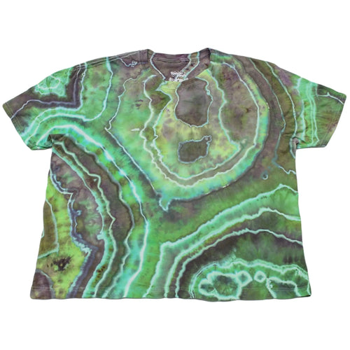 Front view of a green and purple geode tie-dye t-shirt by Regular Magic with custom organic line patterns.