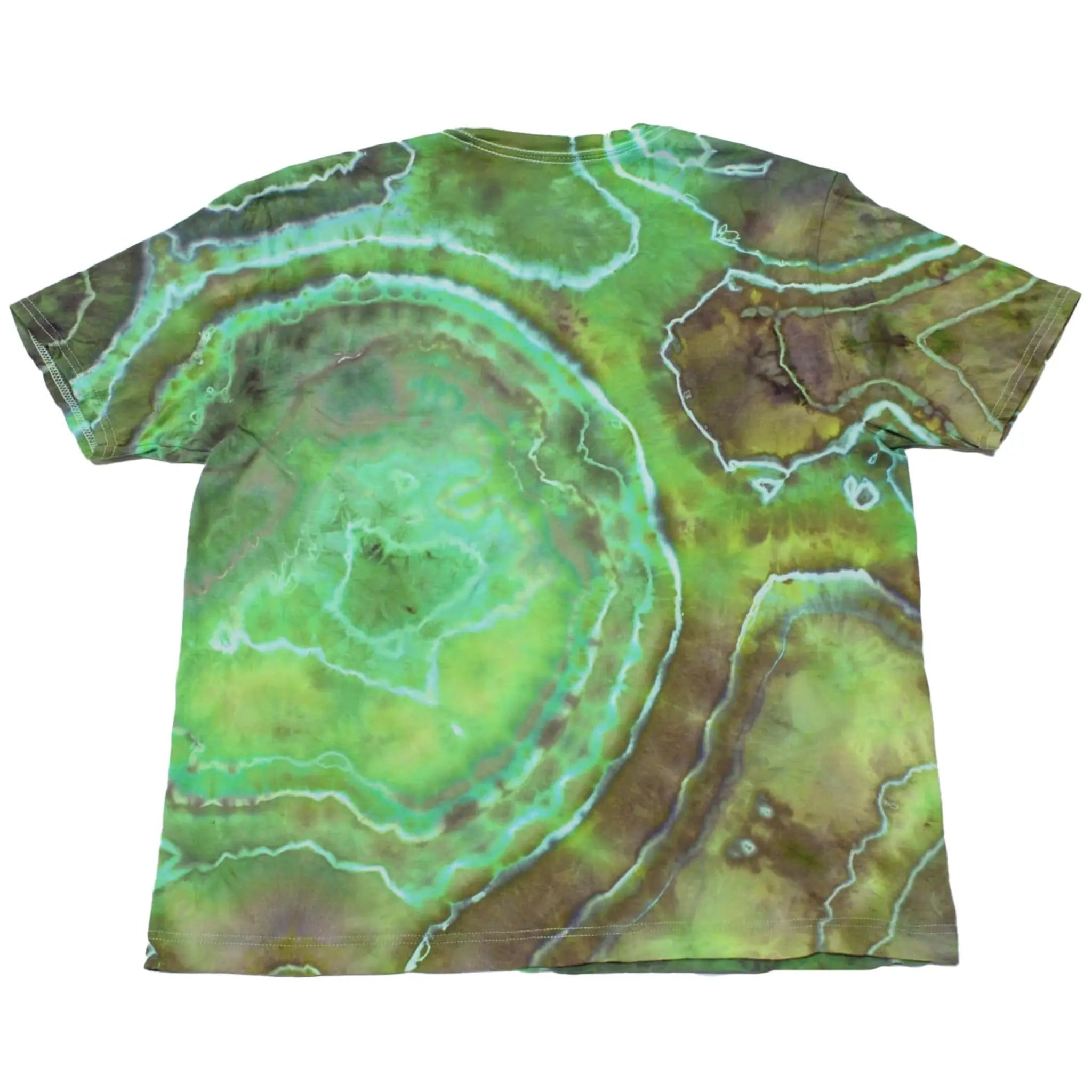 Back view of a lime green and earthy brown Chaos Magic geode tie-dye t-shirt by Regular Magic showing organic concentric line patterns.