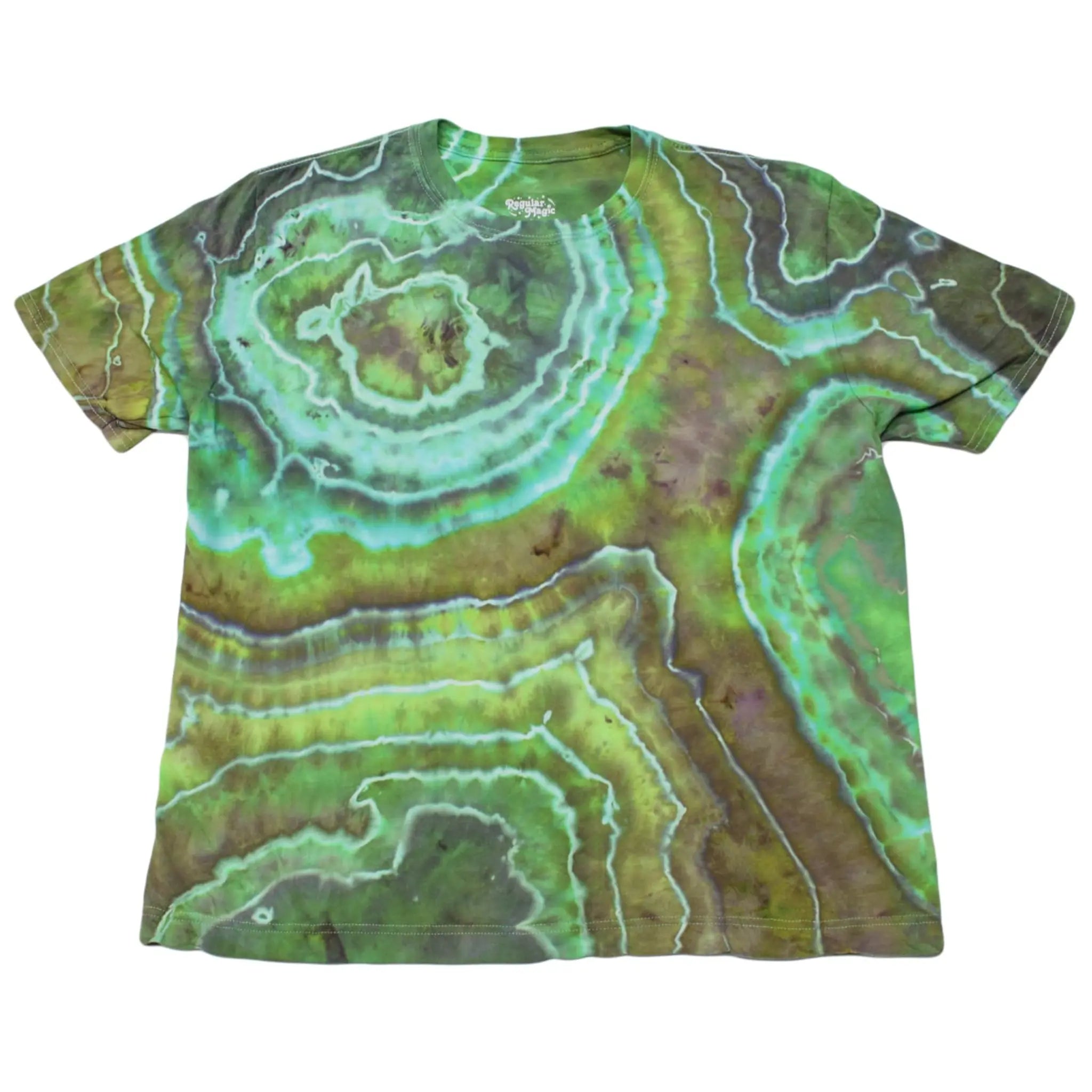 Front view of a lime green and earthy brown Chaos Magic geode tie-dye t-shirt by Regular Magic with custom geode dye rings across the chest and hem.