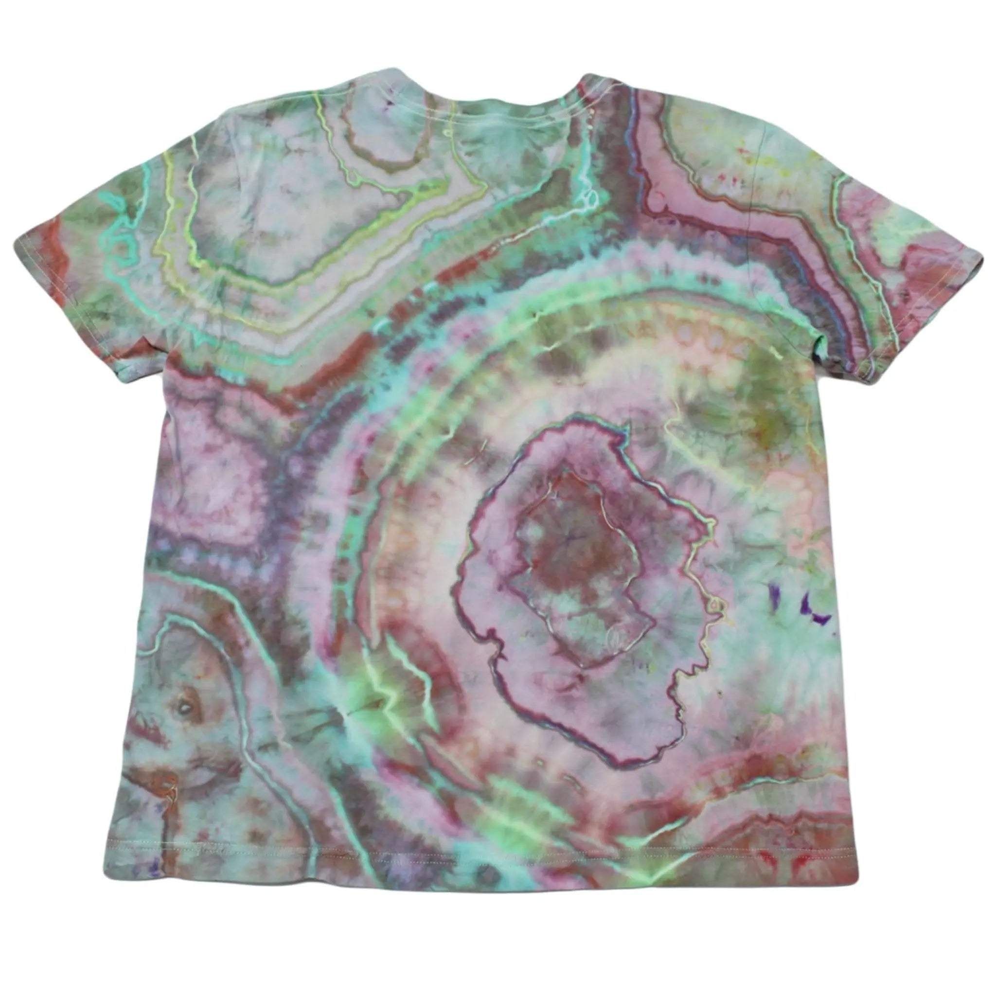 Back view of a pastel pink, mint green, and lavender Chaos Magic geode tie-dye t-shirt by Regular Magic showing concentric organic dye swirls.