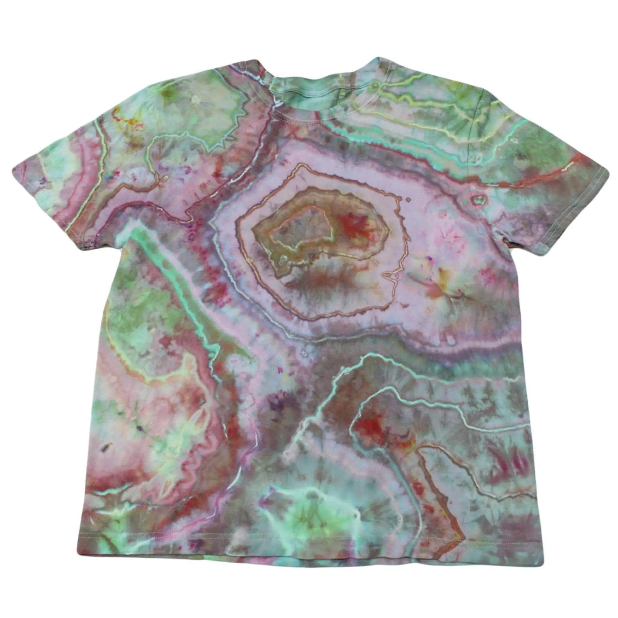 Front view of a pastel pink, mint green, and lavender Chaos Magic geode tie-dye t-shirt by Regular Magic with custom geode dye ring patterns across the chest.
