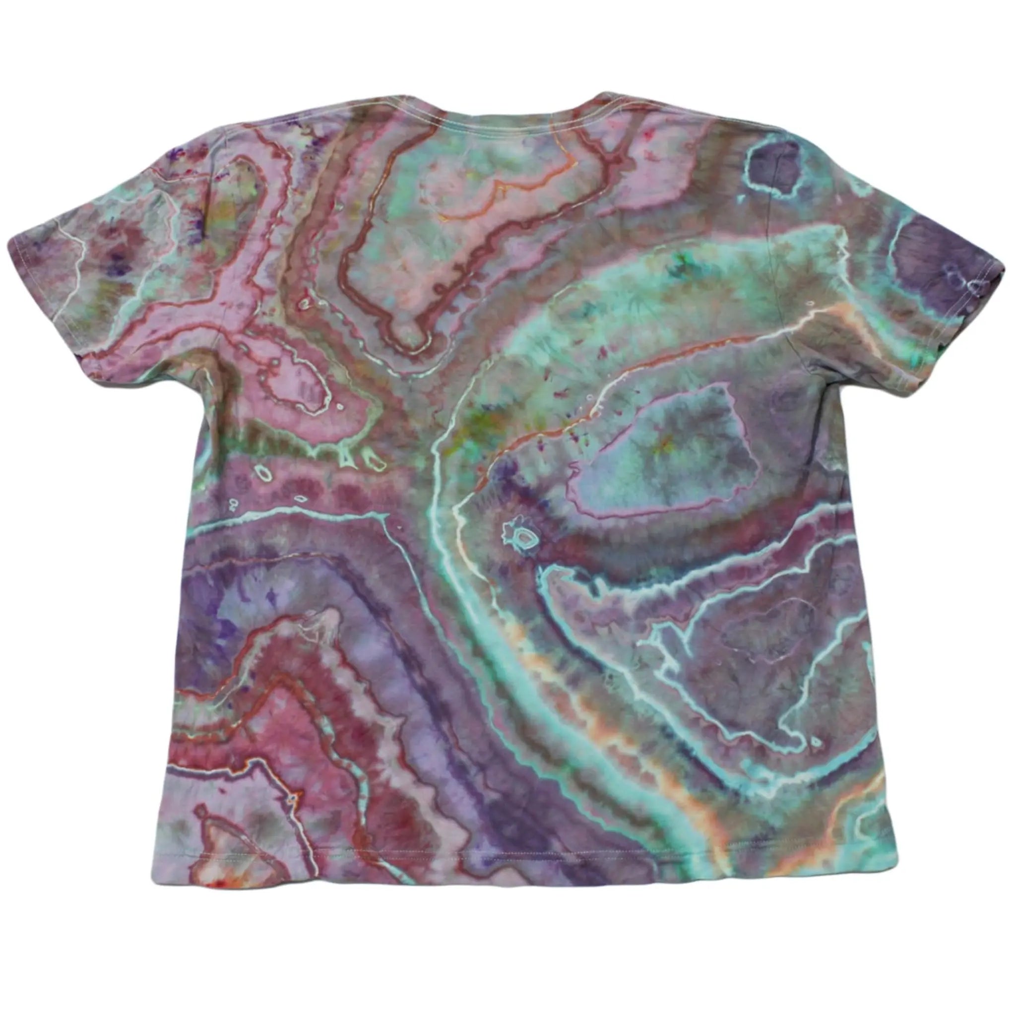 Back view of a purple, teal, and dusty rose Chaos Magic geode tie-dye t-shirt by Regular Magic showing organic concentric line patterns.