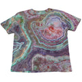 Front view of a purple, teal, and dusty rose Chaos Magic geode tie-dye t-shirt by Regular Magic featuring custom geode dye ring patterns across the chest.