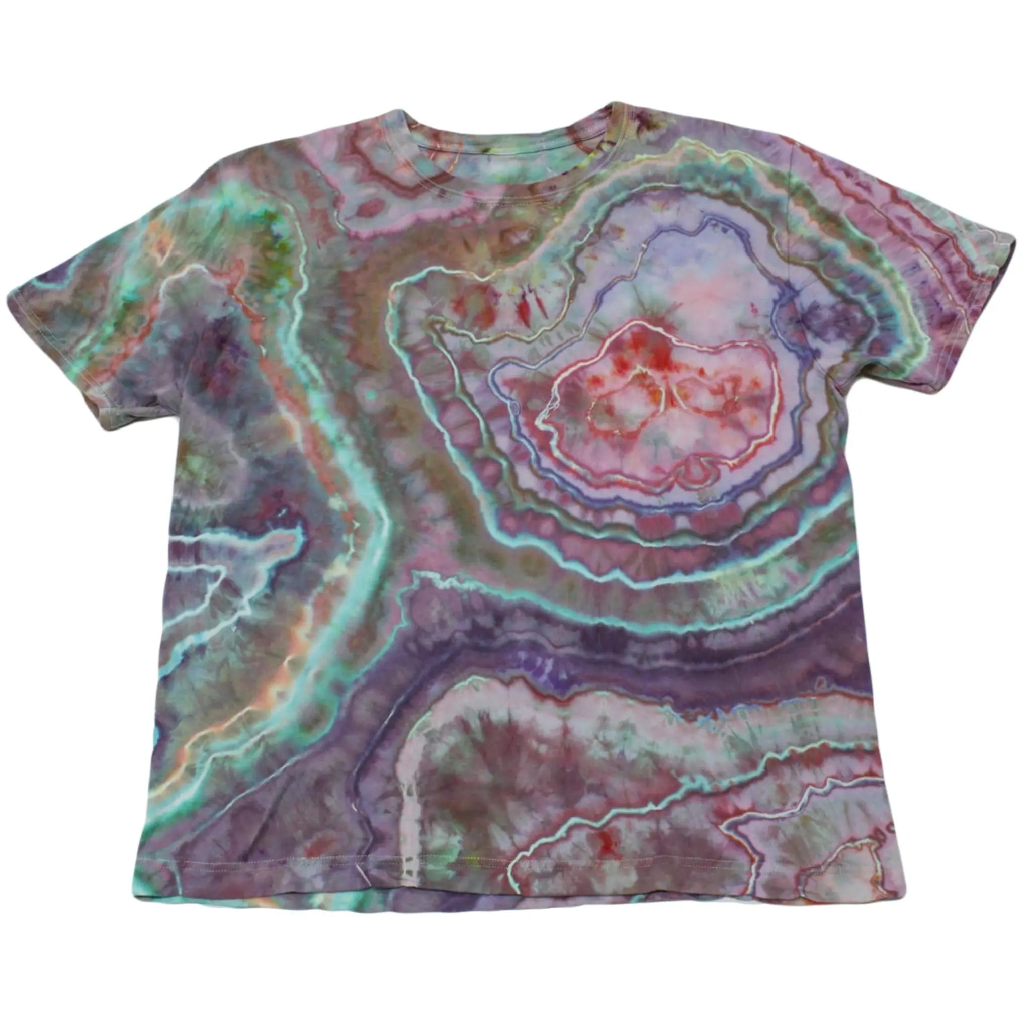 Front view of a purple, teal, and dusty rose Chaos Magic geode tie-dye t-shirt by Regular Magic featuring custom geode dye ring patterns across the chest.