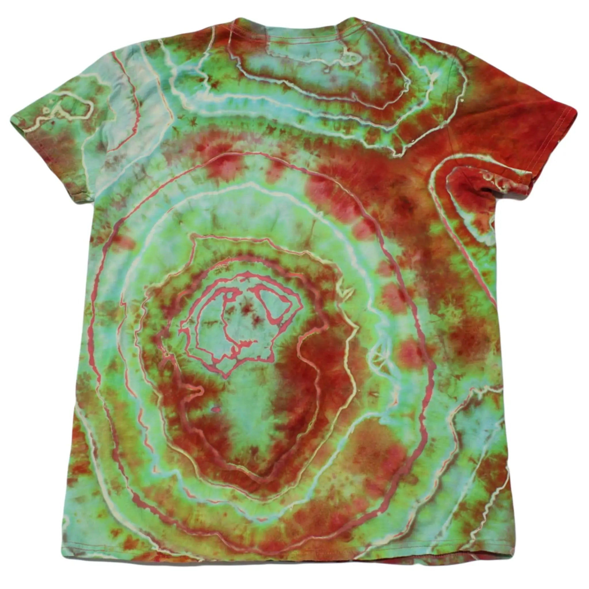 Back view of a rust red, turquoise, and lime green Chaos Magic geode tie-dye t-shirt by Regular Magic showing concentric organic dye rings.