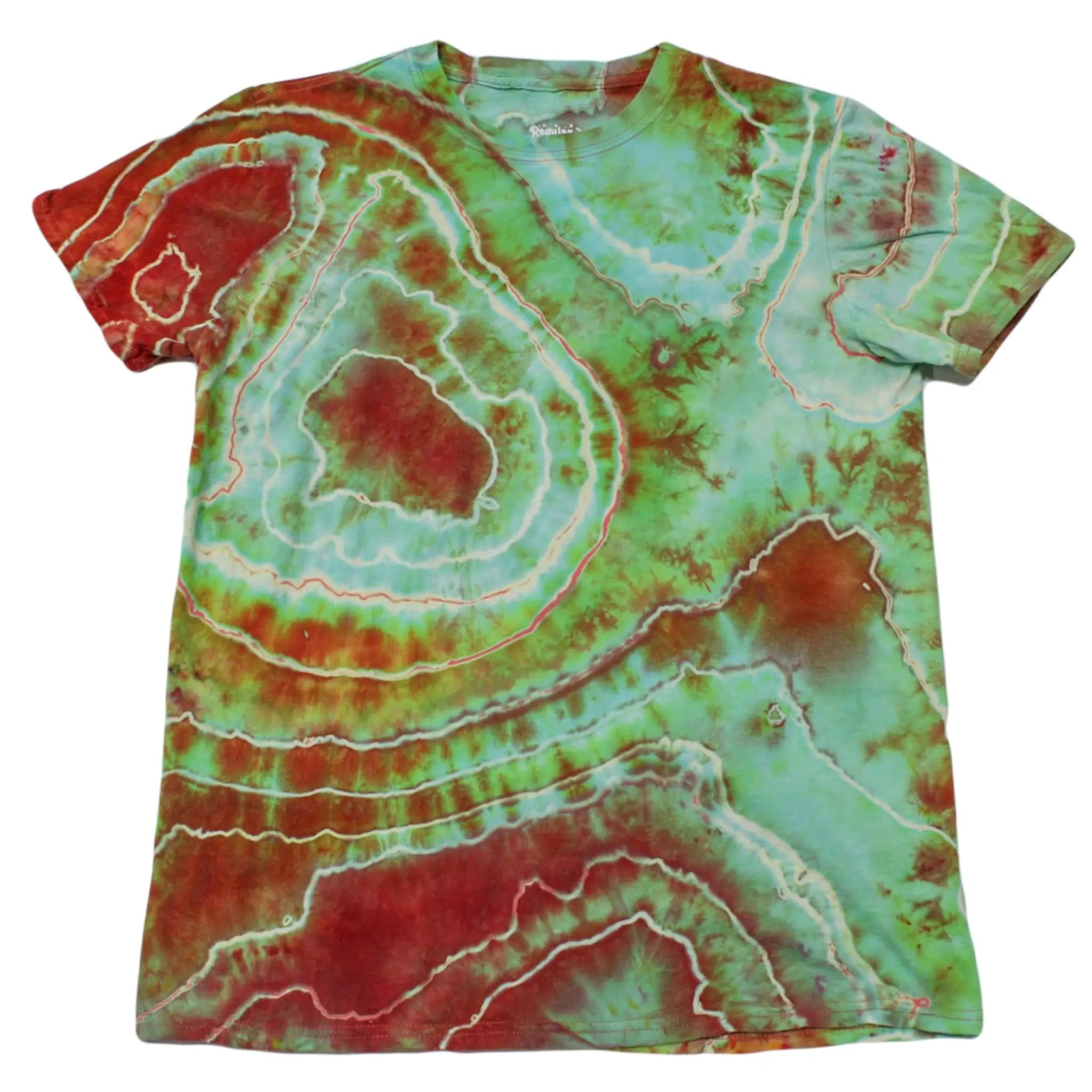 Front view of a rust red, turquoise, and lime green Chaos Magic geode tie-dye t-shirt by Regular Magic featuring custom geode dye ring patterns across the chest and hem.