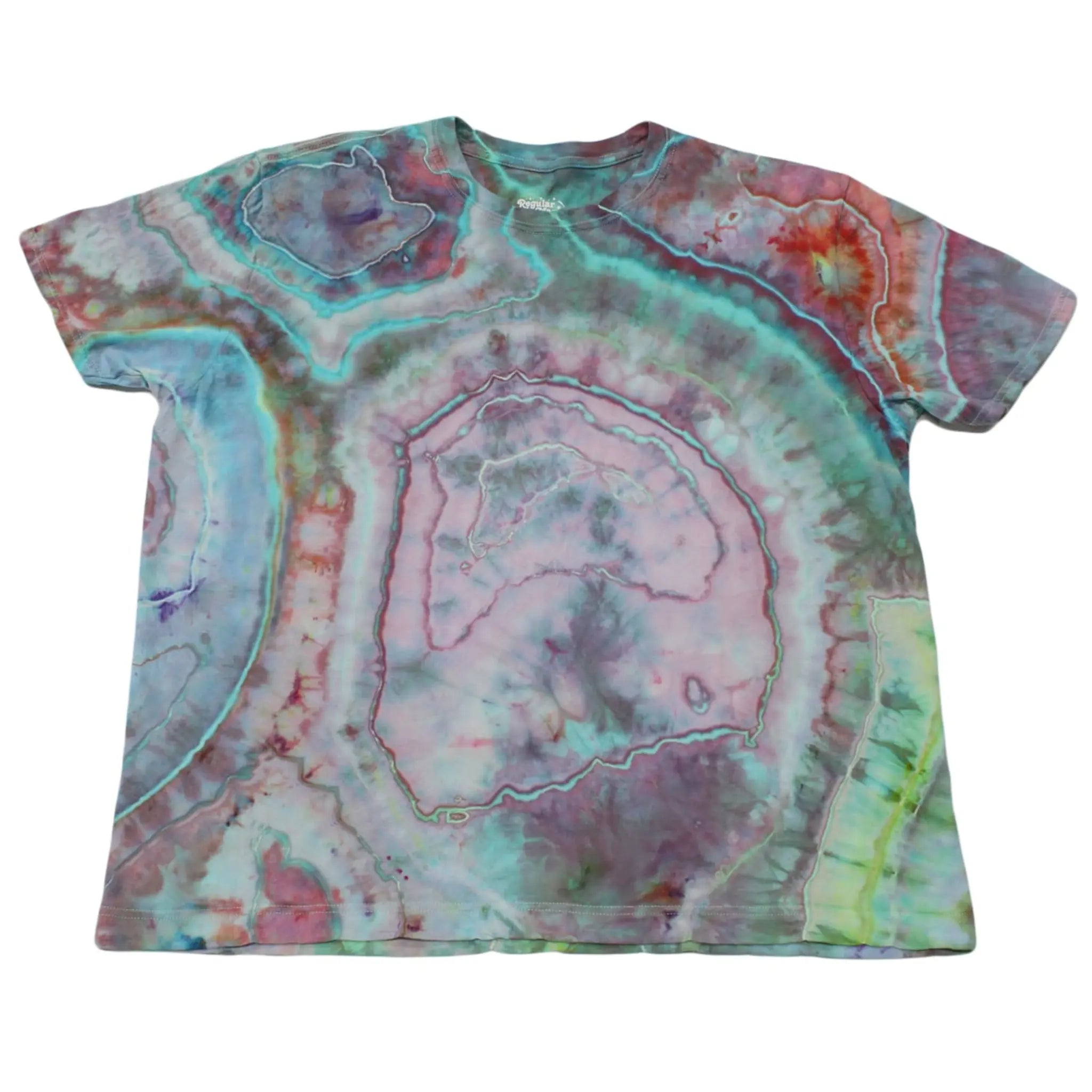 Front view of a teal, magenta, and seafoam Chaos Magic geode tie-dye t-shirt by Regular Magic with custom geode dye ring patterns across the chest.