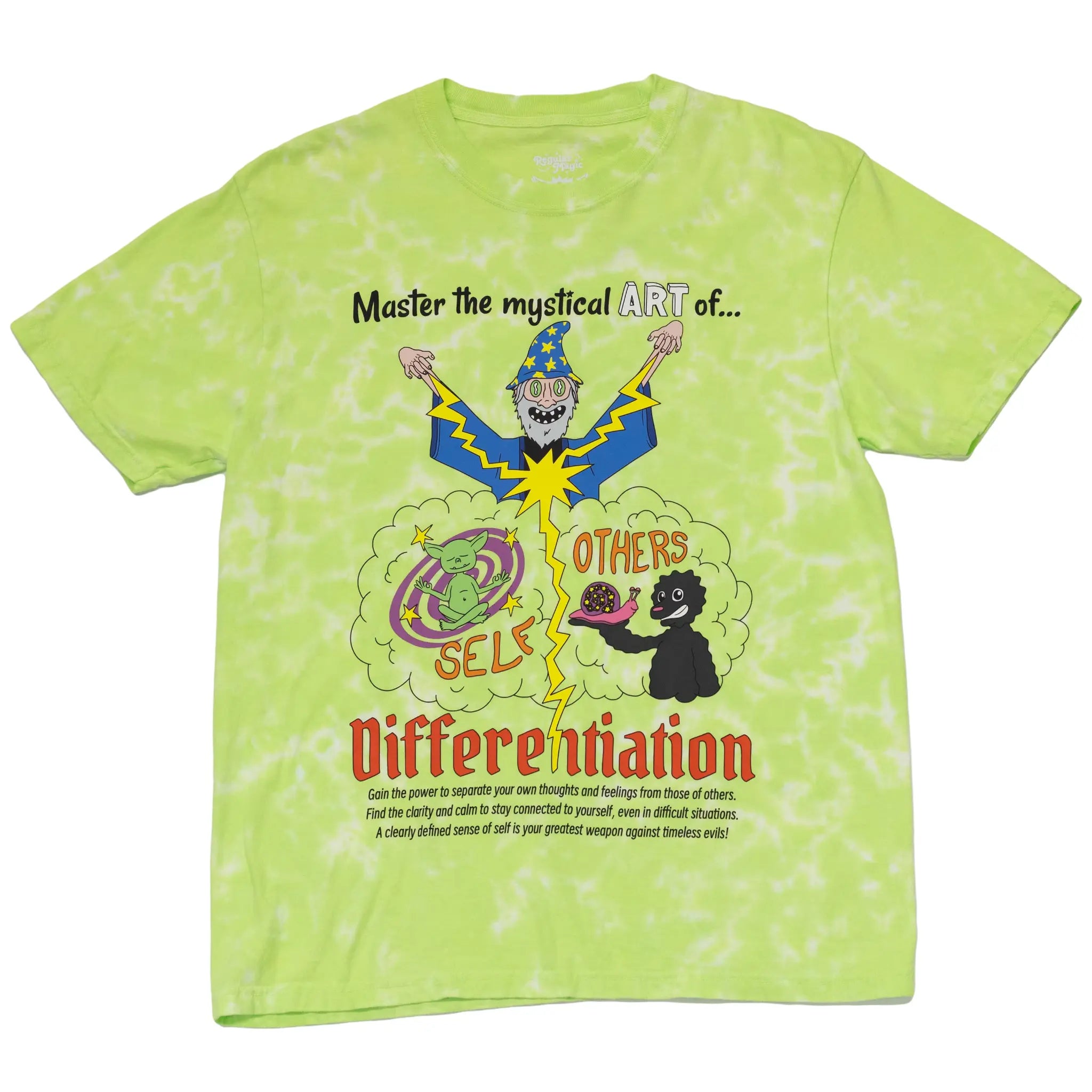 Front view of a lime green tie dye t-shirt by Regular Magic featuring the Wizard, Differentiated Goblin, and the Void holding Reggie the snail, with text reading 'Master the mystical ART of Differentiation'.