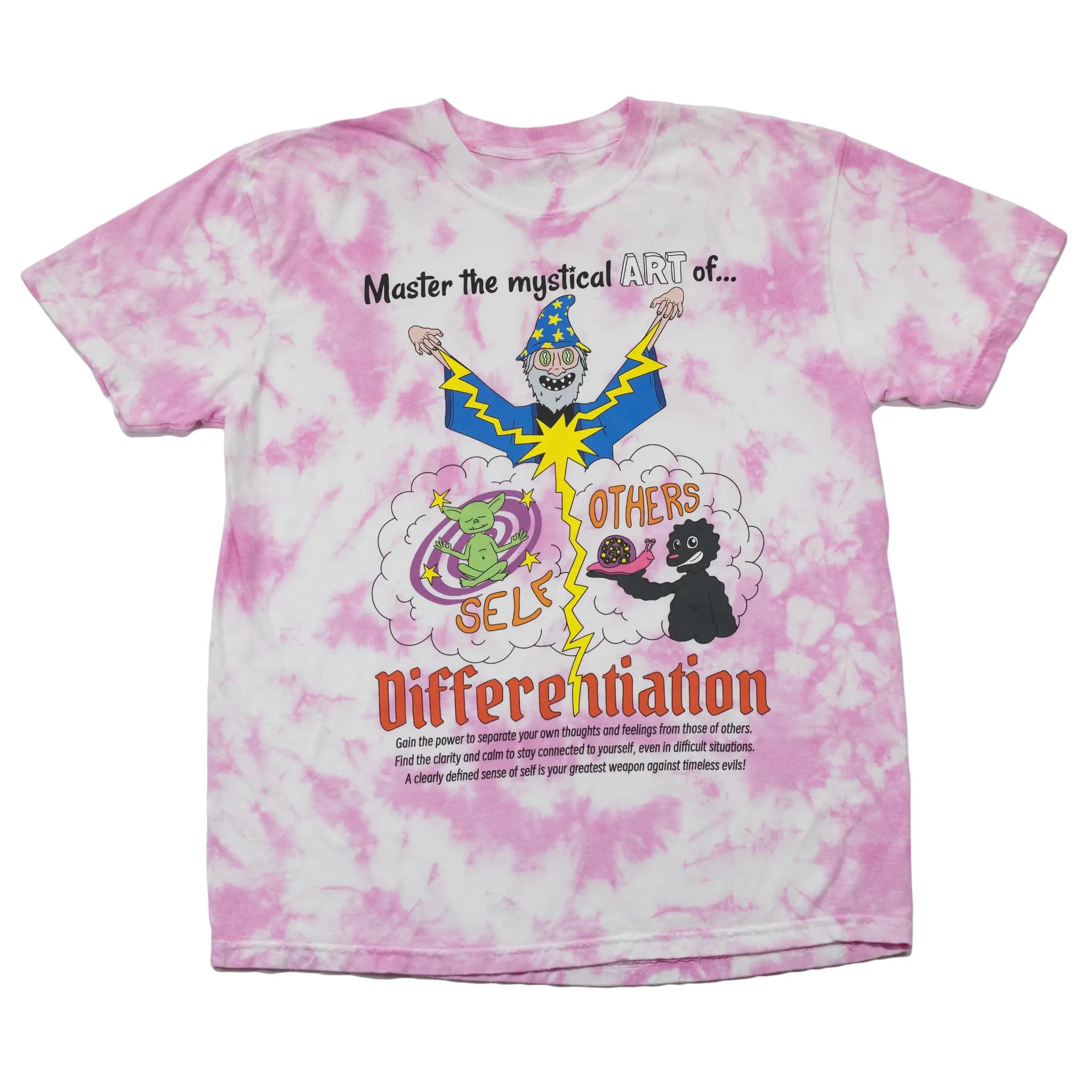 Front view of a pink and white tie-dye t-shirt by Regular Magic featuring the Wizard, Differentiated Goblin, and the Void holding Reggie the snail, with text reading 'Master the mystical ART of Differentiation'.