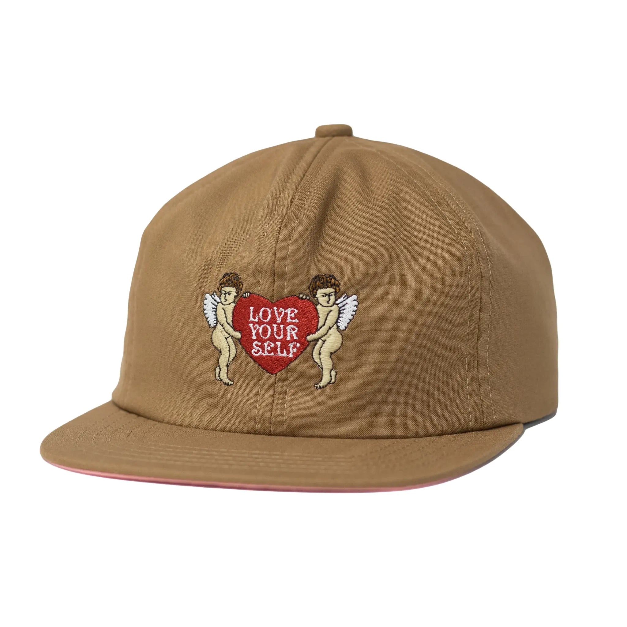 Front profile view of a brown Regular Magic cap featuring embroidered cherubs holding a red heart with text reading 'LOVE YOUR SELF' and a pink underbrim outline.