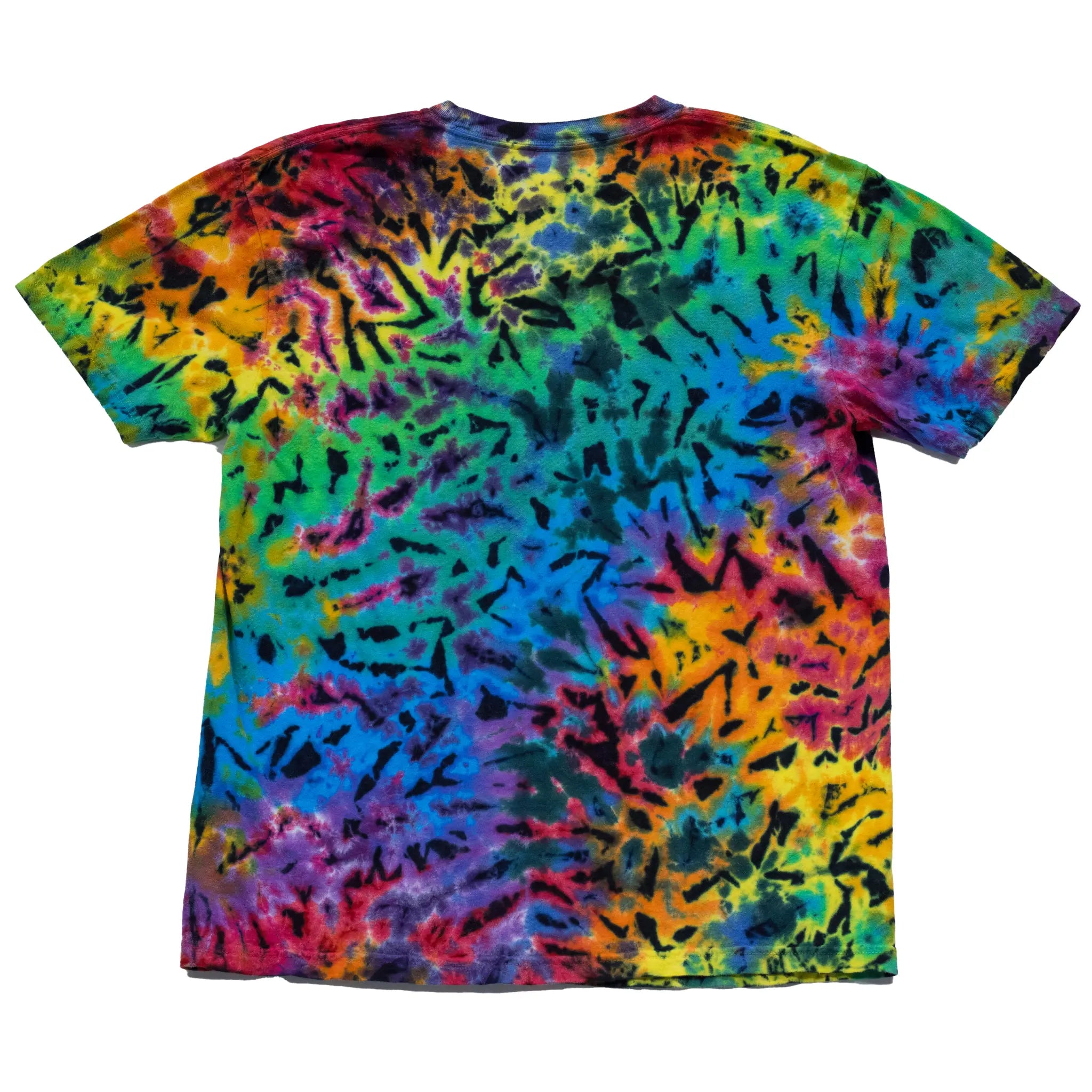 Back view of a custom rainbow tie-dye t-shirt by Regular Magic with an all-over vibrant crystal ice dye pattern in yellow, green, blue, pink, and purple.