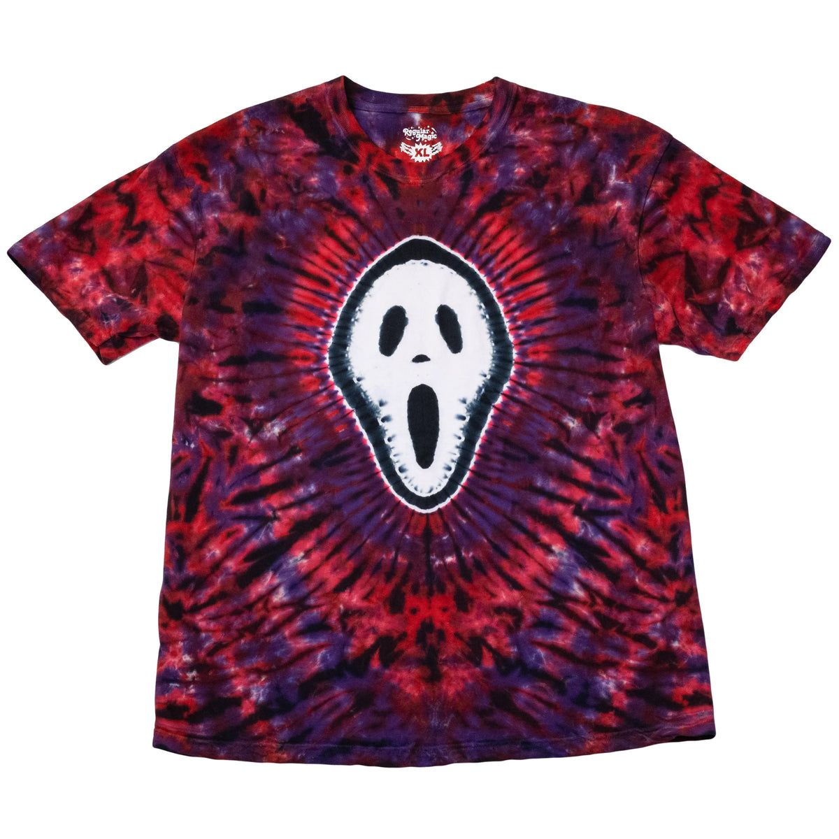 Front view of a purple, red, and black tie-dye t-shirt by Regular Magic featuring a hand-dyed white screaming ghost graphic at the center.