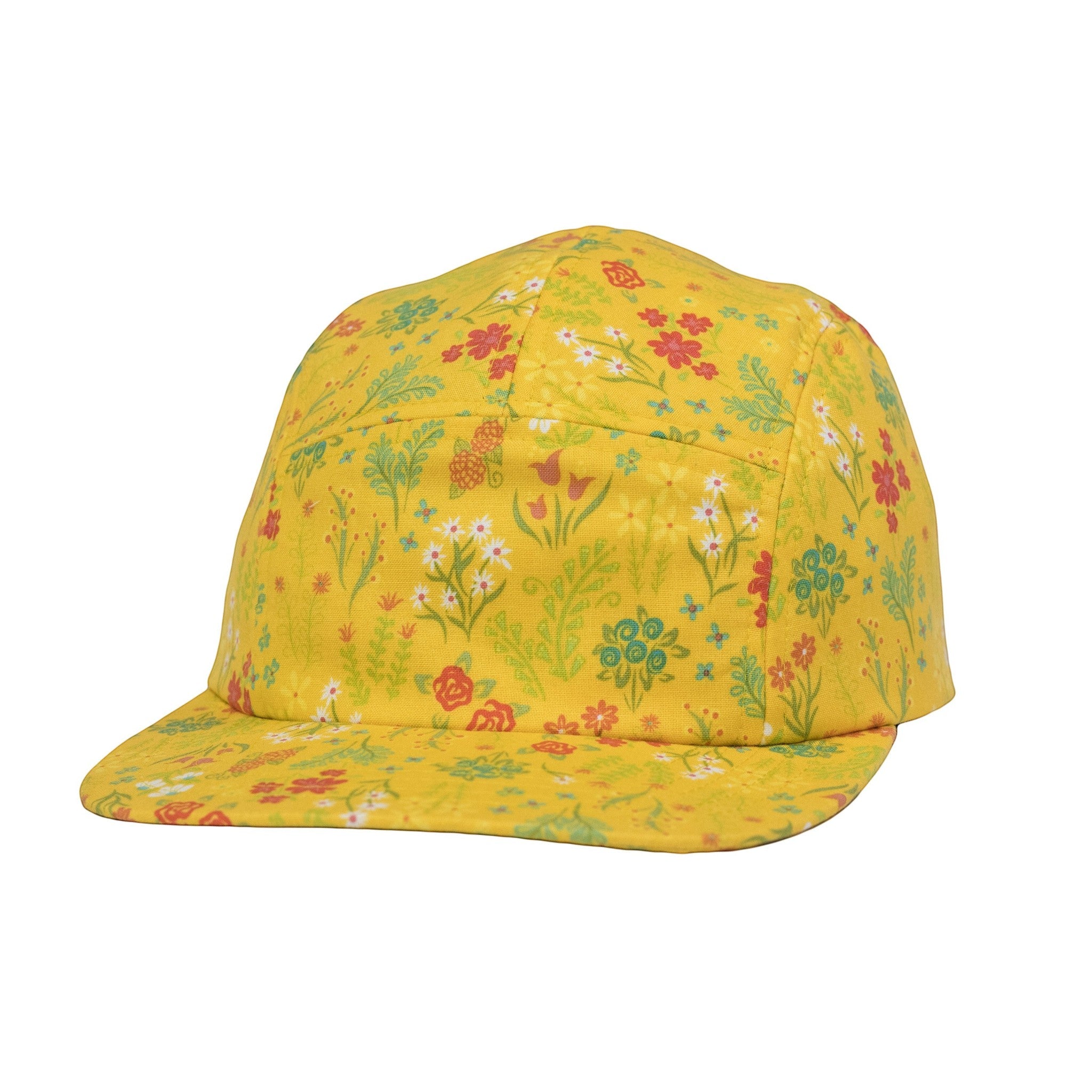Front view of Regular Magic yellow floral 5-panel camp cap featuring a wildflower print pattern and flat brim.